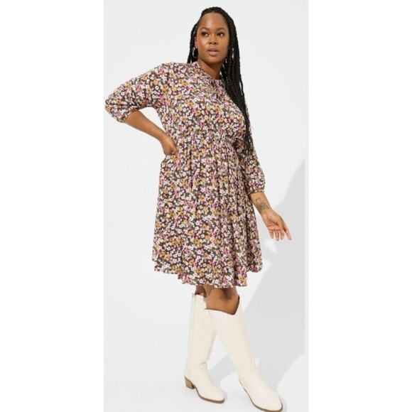 torrid Dresses & Skirts - Torrid Floral Three Quarter Sleeve Dress Size 2X Brown Multicolor